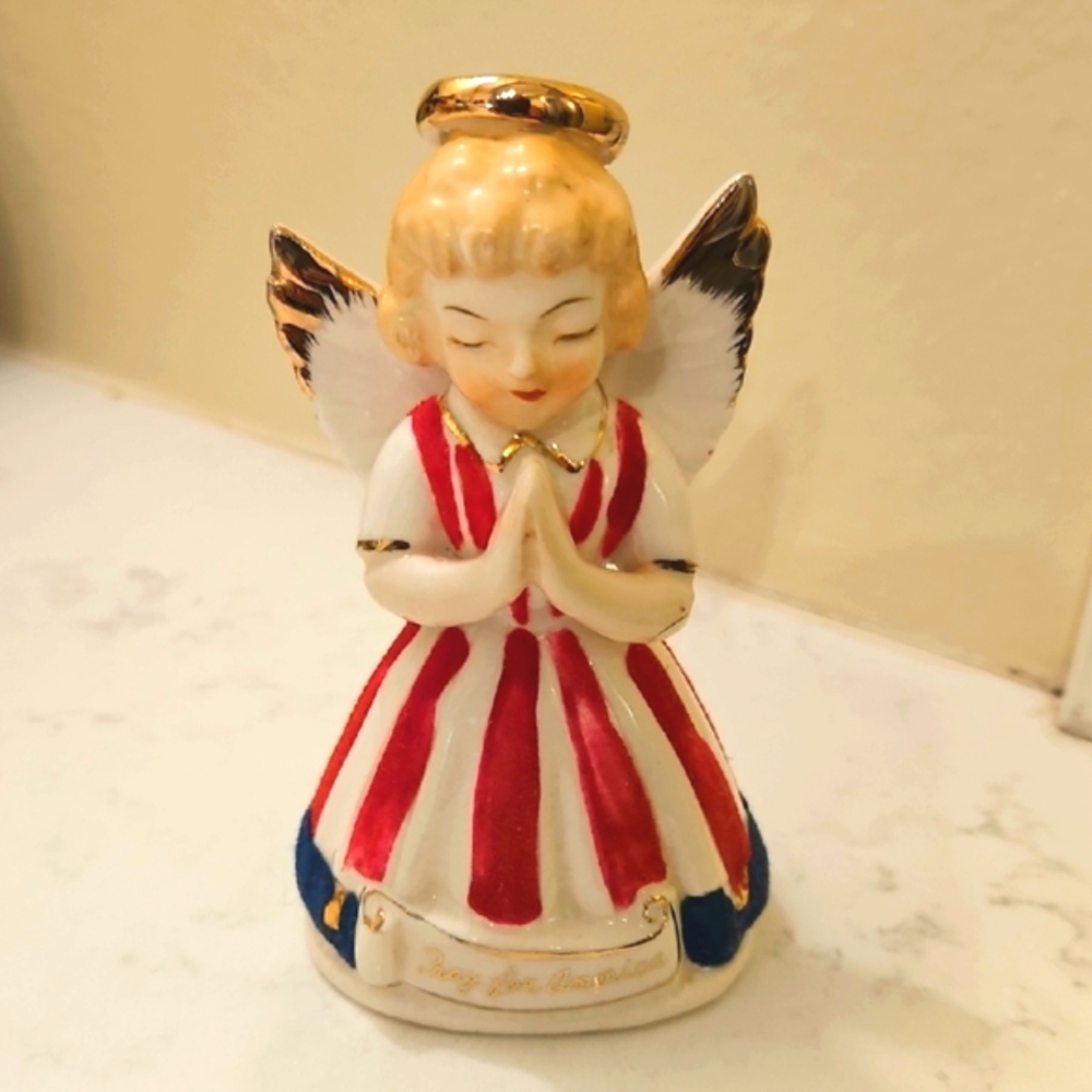 1958 Vintage Ceramic Angel Figurine with Red and White Stripes. PRAY FOR AMERICA